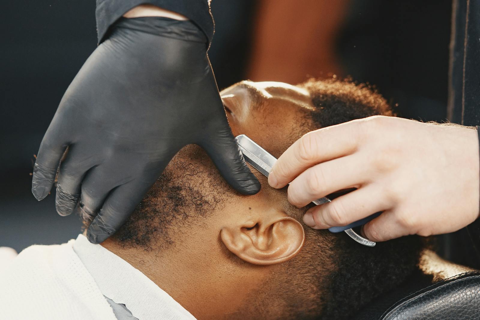 Straight razor shave with professional barber tools